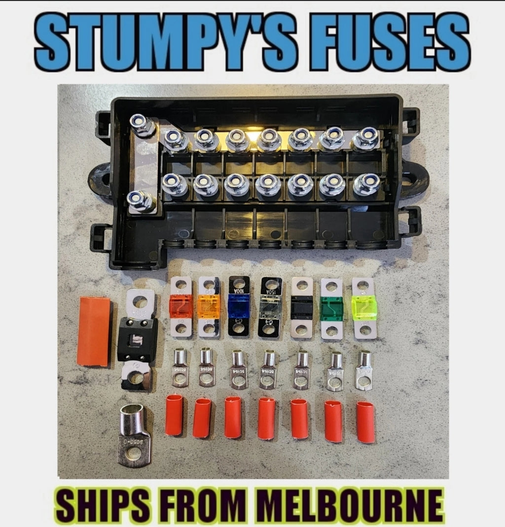 7 way MIDI Fuse Holder Kit with Mega Fuse Inlet | 12V/24V with fuses lugs and heat shrink free postage