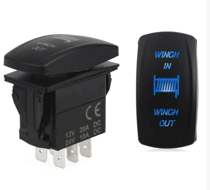 7-Pin Momentary Winch Rocker Switch - 12V 20A / 24V 10A Blue LED Laser Etched